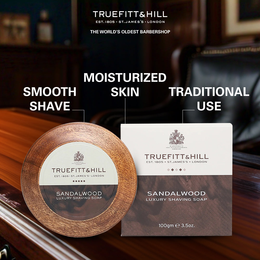 Truefitt & Hill Sandalwood Luxury Shaving Soap in Wooden Bowl  for Men 100gm - Truefitt & Hill India