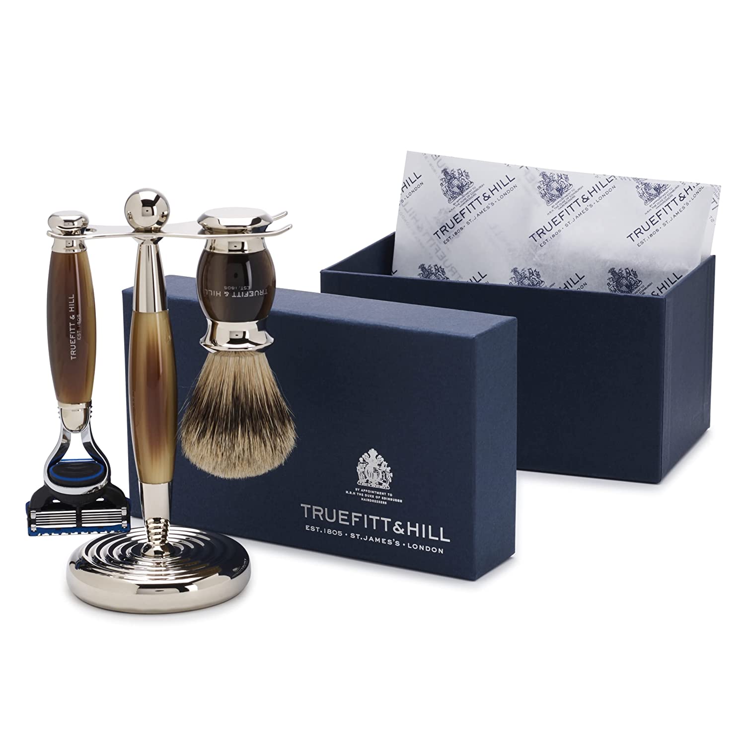 Truefitt & Hill Horn Brown Edwardian Collection Fusion Razor with Super Handmade Shaving Brush and German Steel Chrome Plated Stand - Truefitt & Hill India